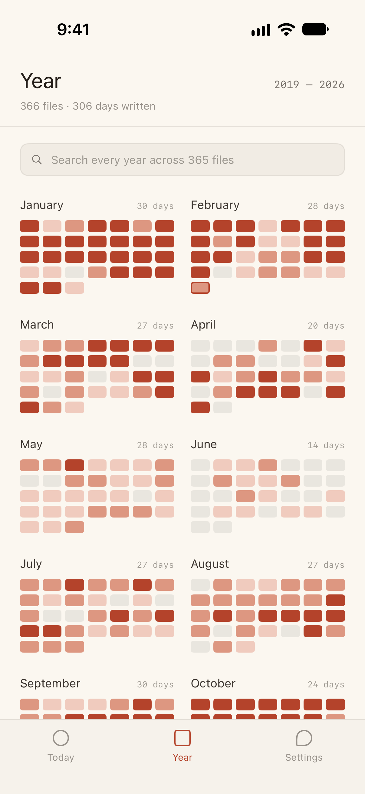 Nenrin's Year screen: twelve months of squares tinted in deeper and lighter shades of brick red.