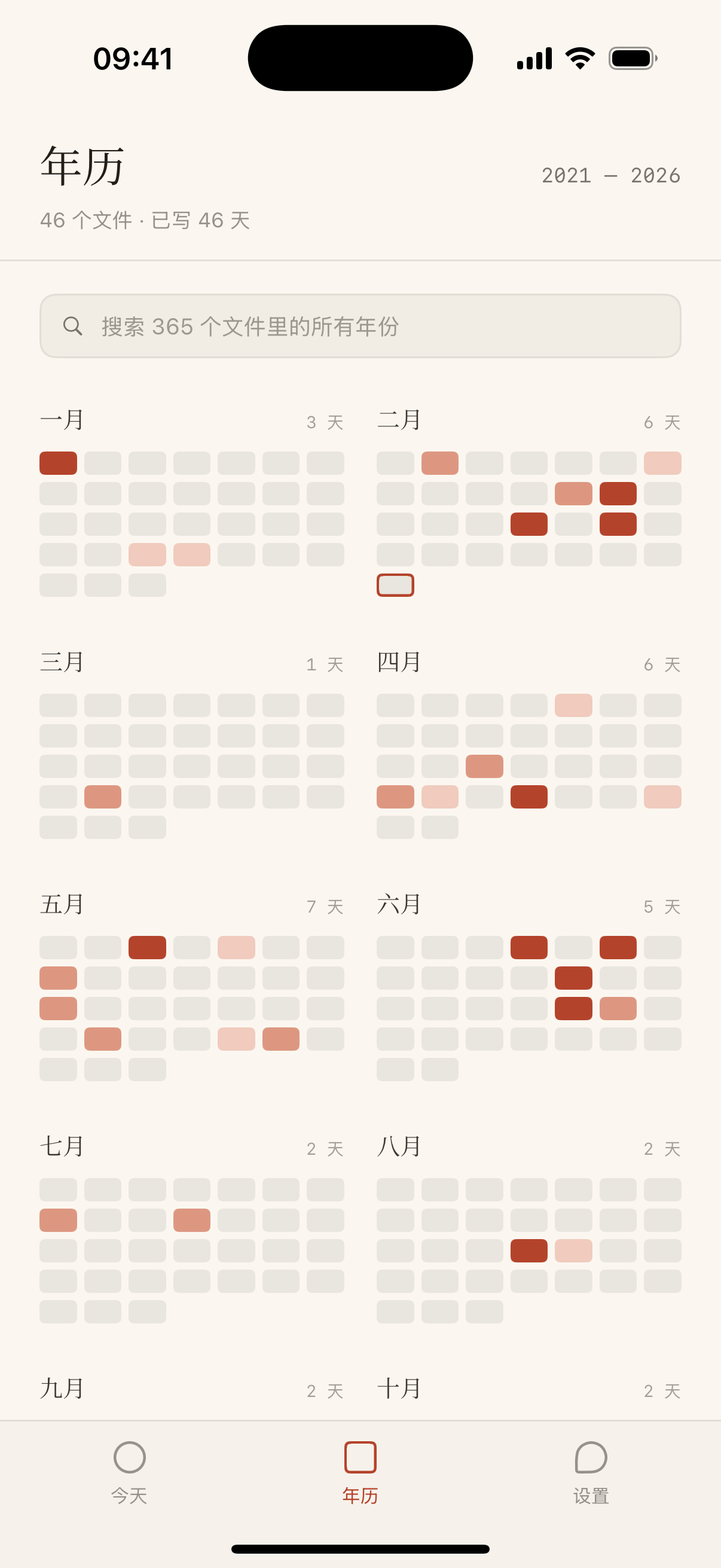 Nenrin's Year screen: twelve months of squares tinted in deeper and lighter shades of brick red.
