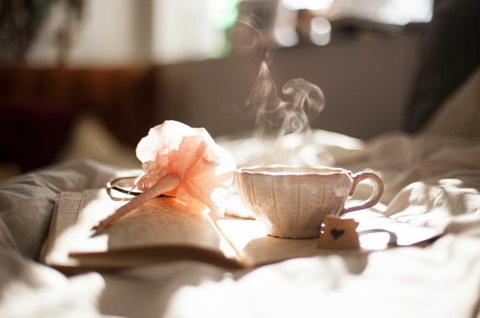 A cup of tea steaming beside an open book in the morning light.